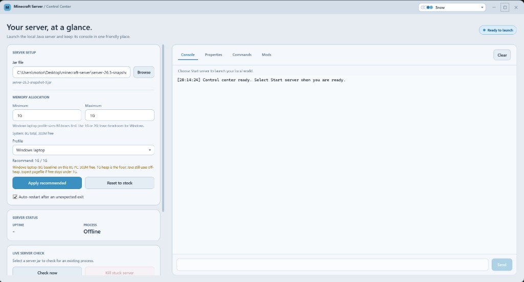 Minecraft Server Control Center in the Snow theme — server setup, memory advisor, and live console