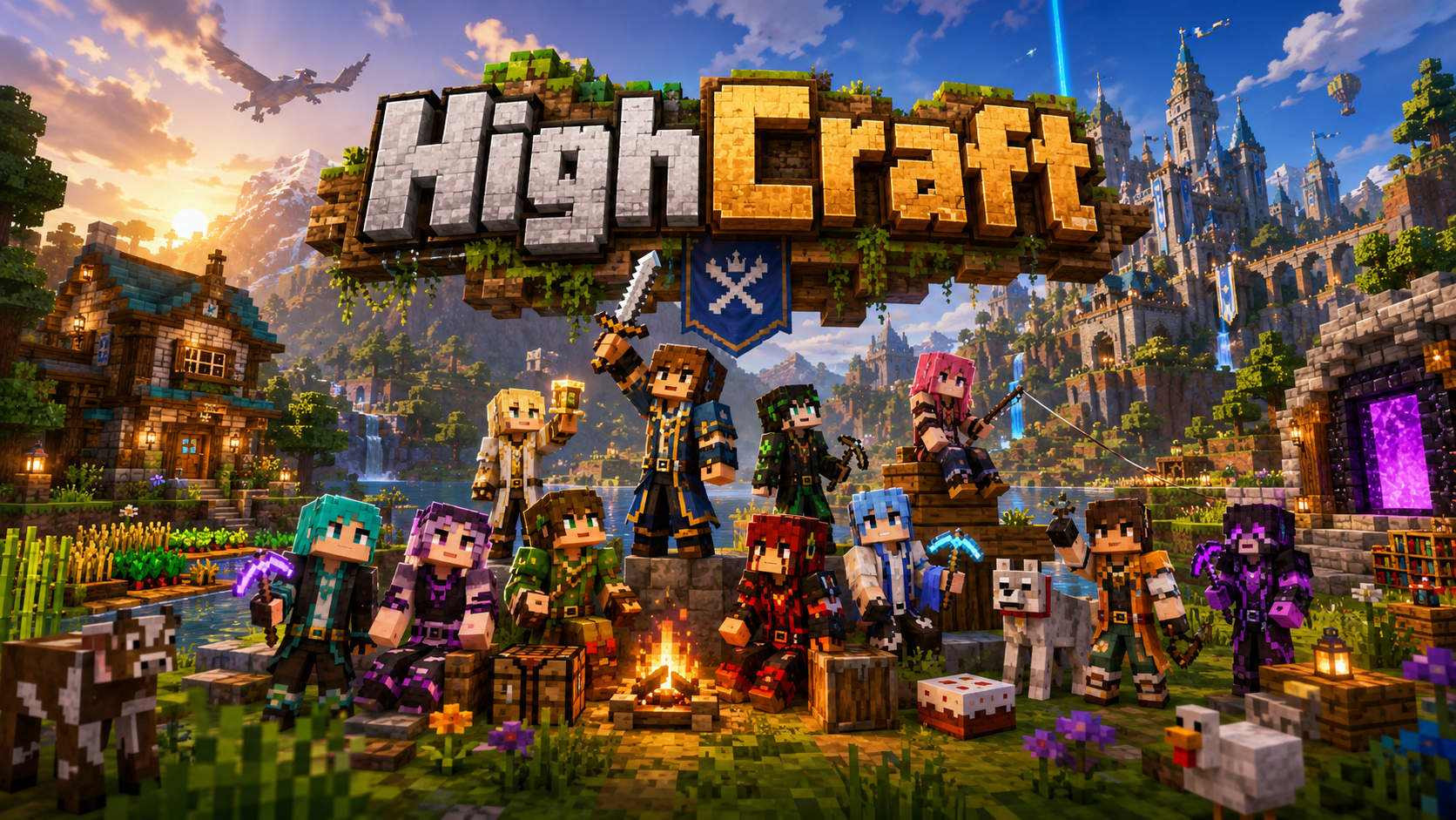 HighCraft promotional art: friends gathered around a campfire beneath the HighCraft crest, with cottage, portal, and castle beyond.