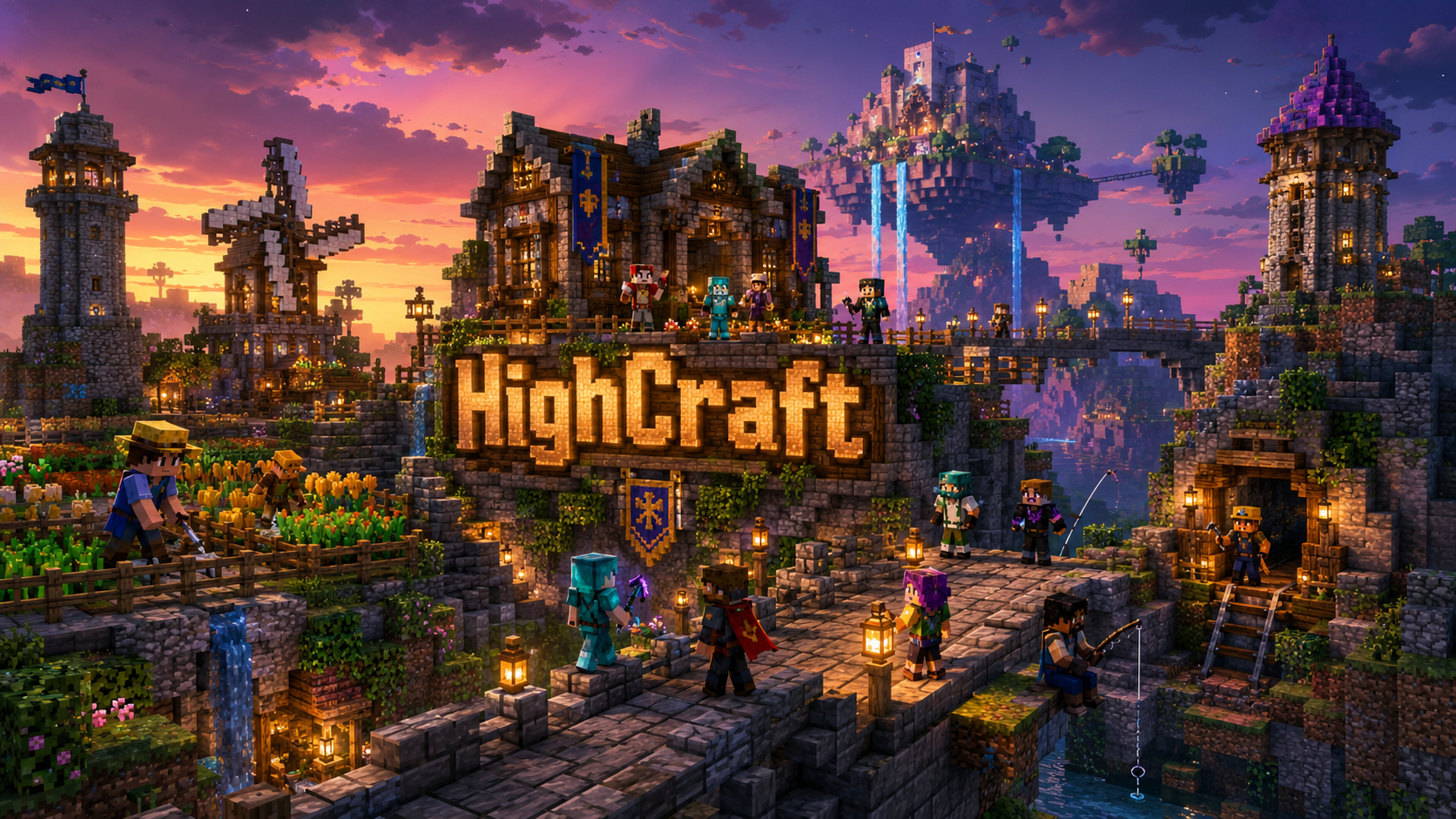HighCraft village at sunset with floating islands and the HighCraft name carved into stone.