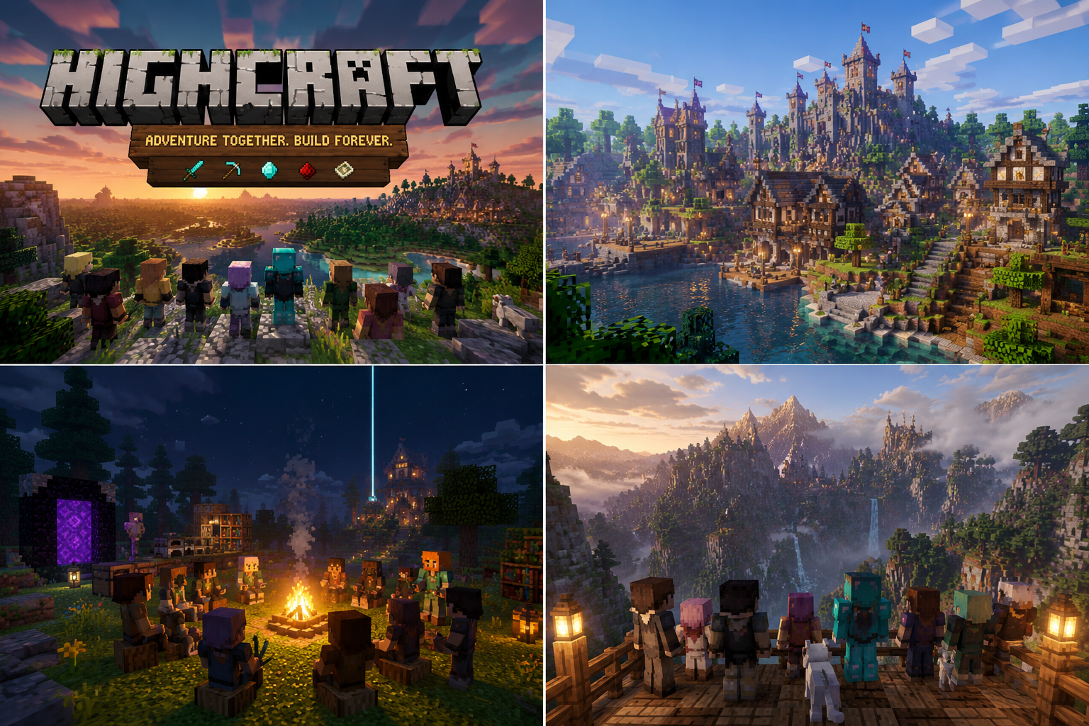 HighCraft collage: logo overlook, harbor town, night camp, and mountain balcony.
