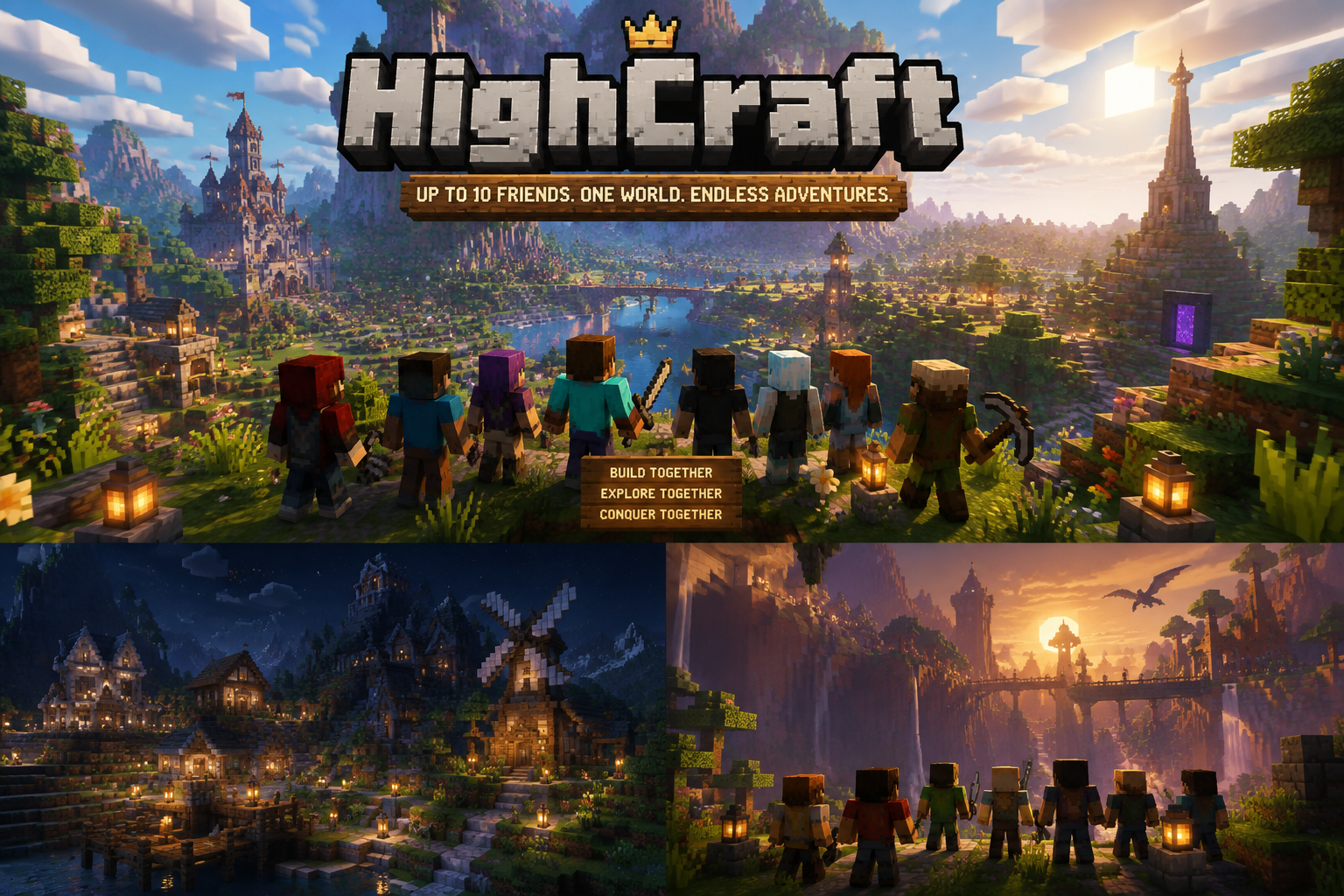 HighCraft crew overlooking a valley with castle and portal.
