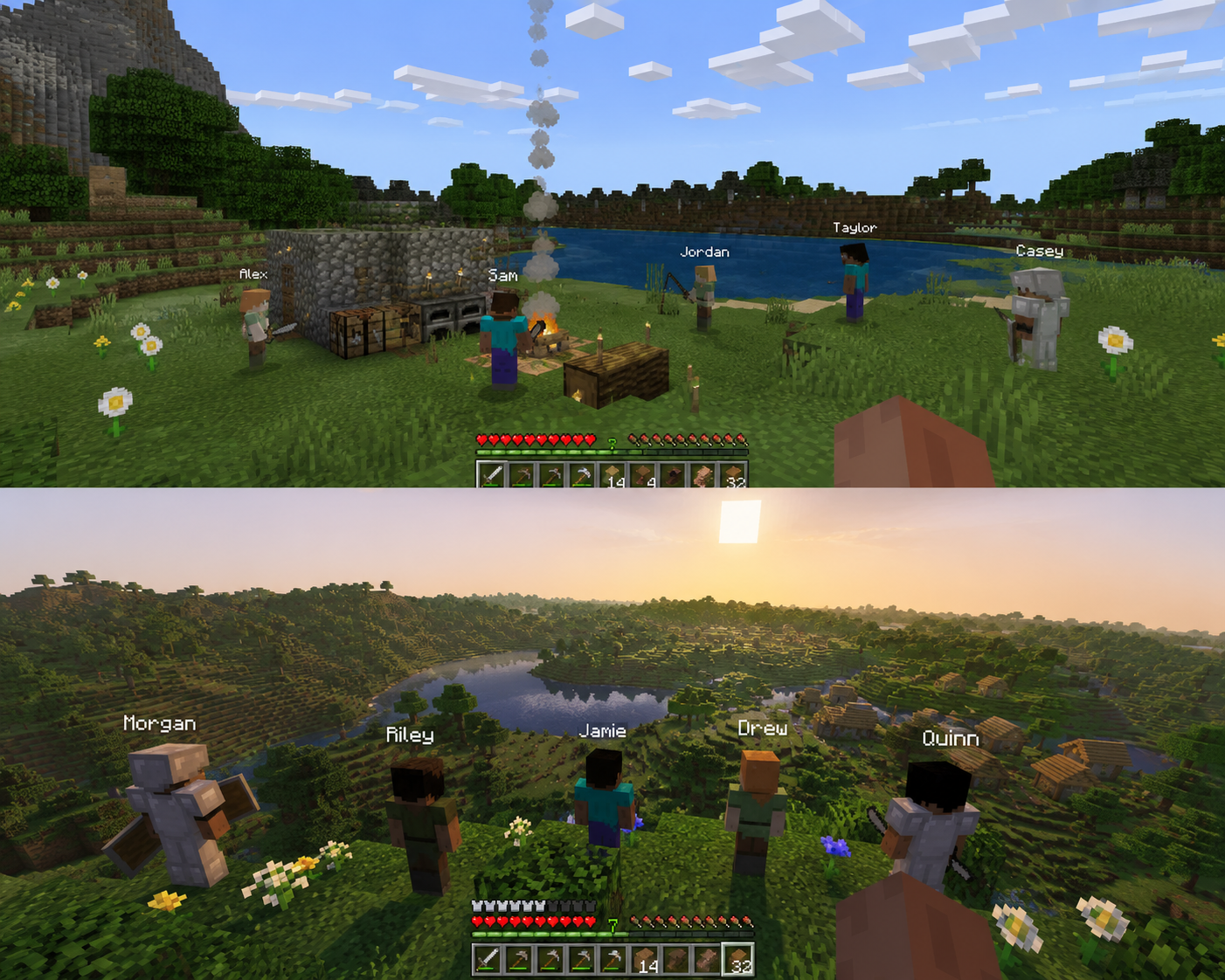 Minecraft-style lakeside camp and sunset overlook with friends.