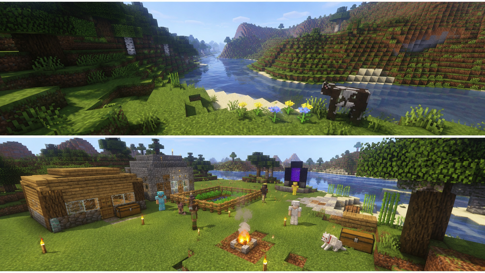 River valley and early settlement with portal and farm.