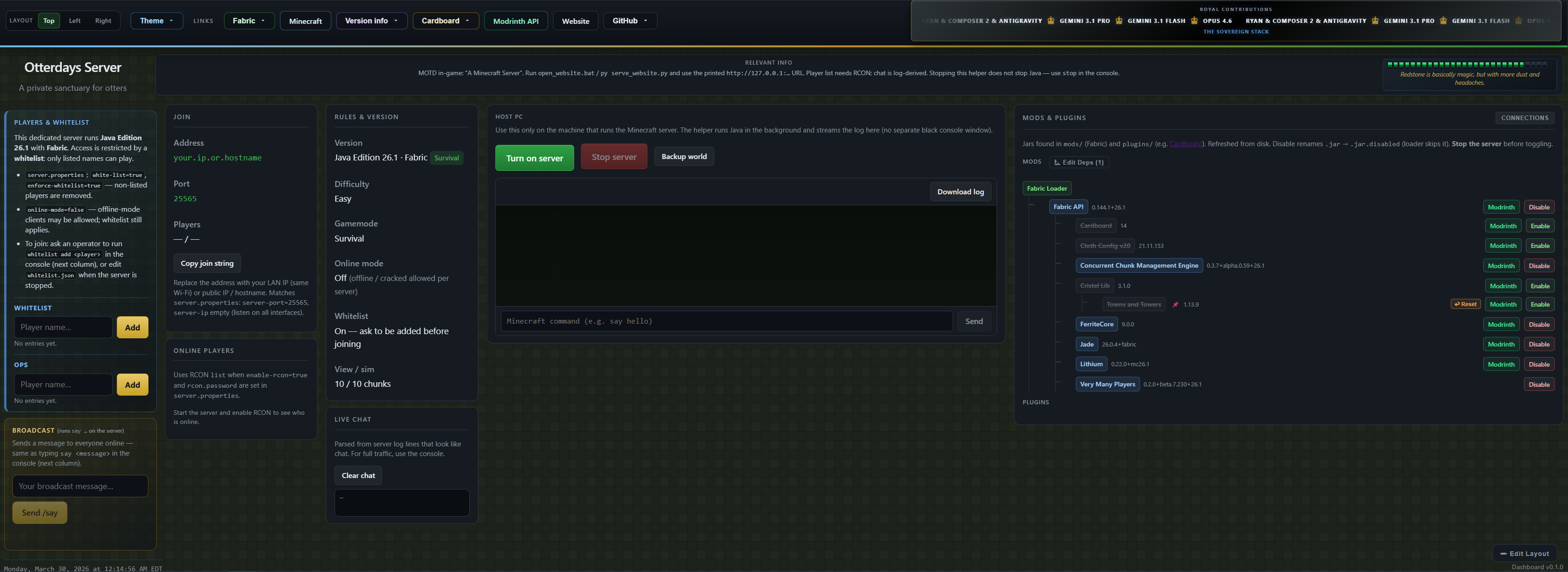 Otterdays custom helper dashboard: server console, join info, whitelist, mods list, and controls in a dark neon-accented layout.
